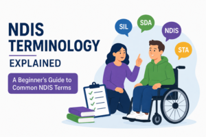 NDIS terminology guide showing a support worker explaining common NDIS terms and acronyms to an NDIS participant.